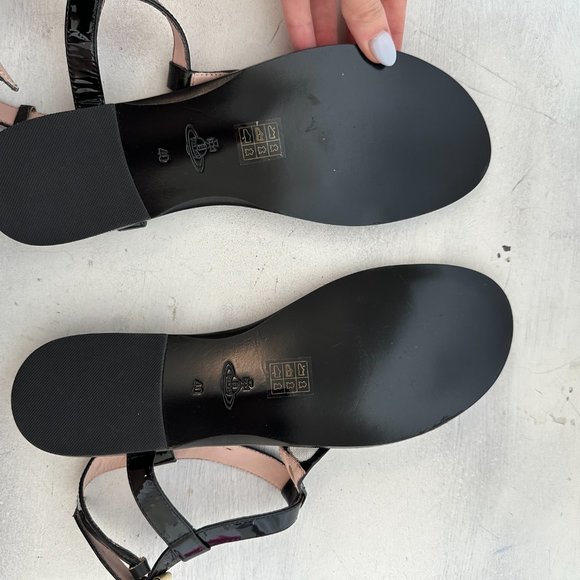 Vivienne Westwood T-strap Buckle Flat Sandals 40 Black Patent Leather Mesh Vamp - Picture 7 of 8